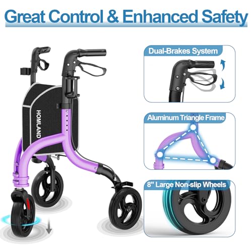 HOMLAND 3 Wheel Tri Walker Rollator with Bag - Foldable Lightweight 4.6kg Walking Aid for Seniors - Damaged Box