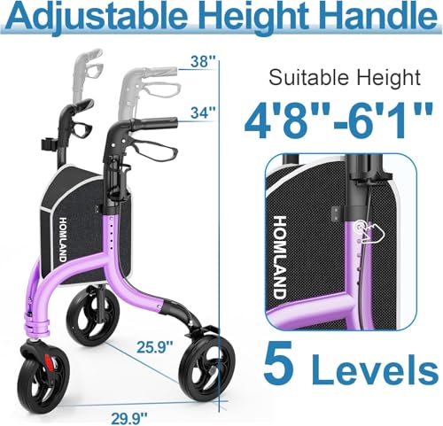 HOMLAND 3 Wheel Tri Walker Rollator with Bag - Foldable Lightweight 4.6kg Walking Aid for Seniors - Damaged Box