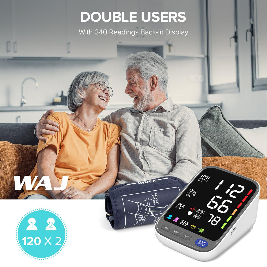 WAJ Blood Pressure Monitor Home BP Machine - 6.4" LED Display, 22-42cm Cuff, 2x120 Memory, Heart Rate & Hypertension Indicator - White - New