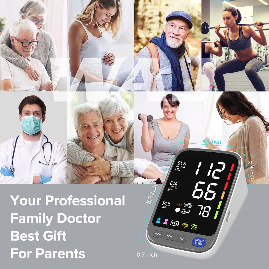 WAJ Blood Pressure Monitor Home BP Machine - 6.4" LED Display, 22-42cm Cuff, 2x120 Memory, Heart Rate & Hypertension Indicator - White - New