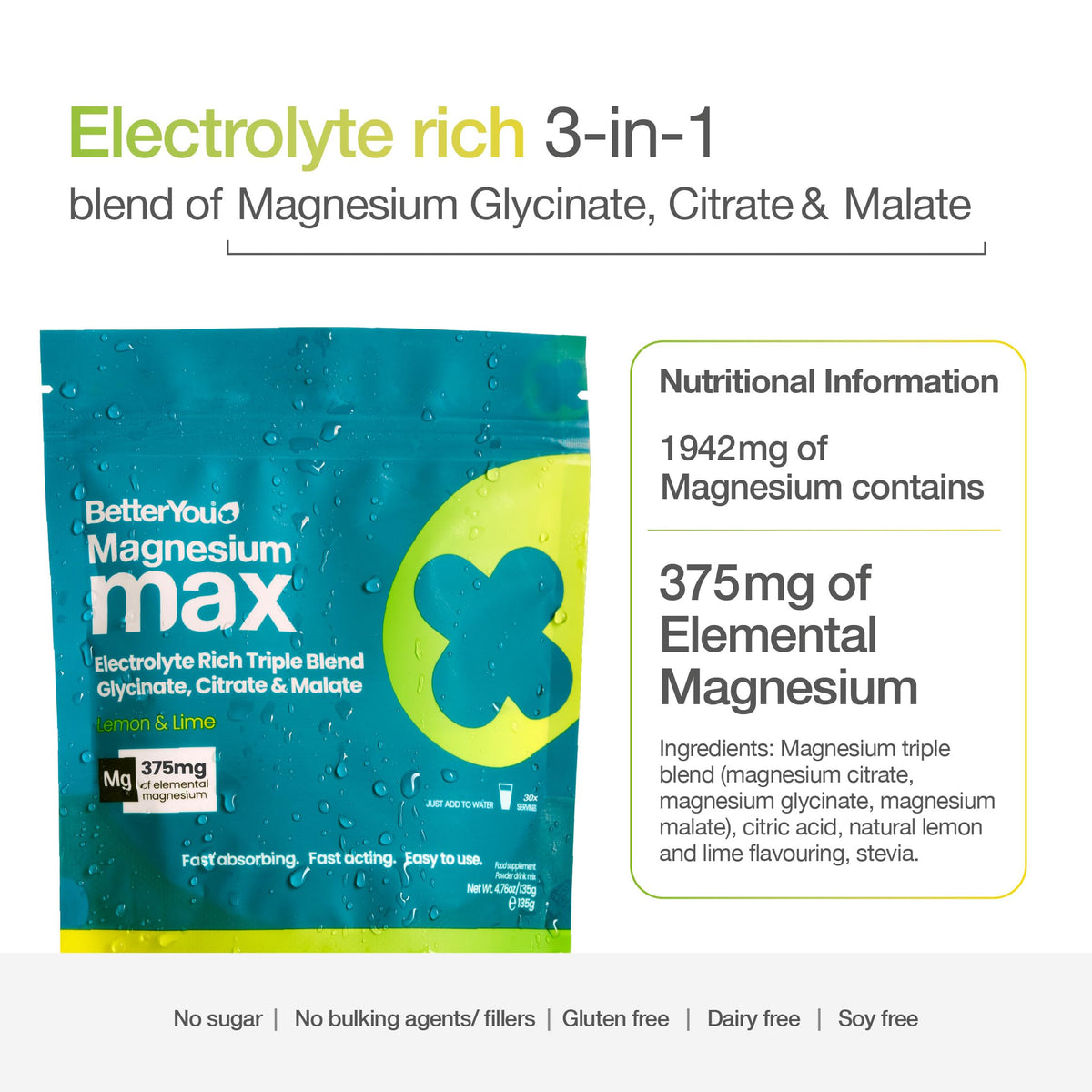 BetterYou Magnesium Glycinate 3-in-1 Complex Powder - Lemon & Lime Flavour - 30 Servings - New - BBE 04/2028