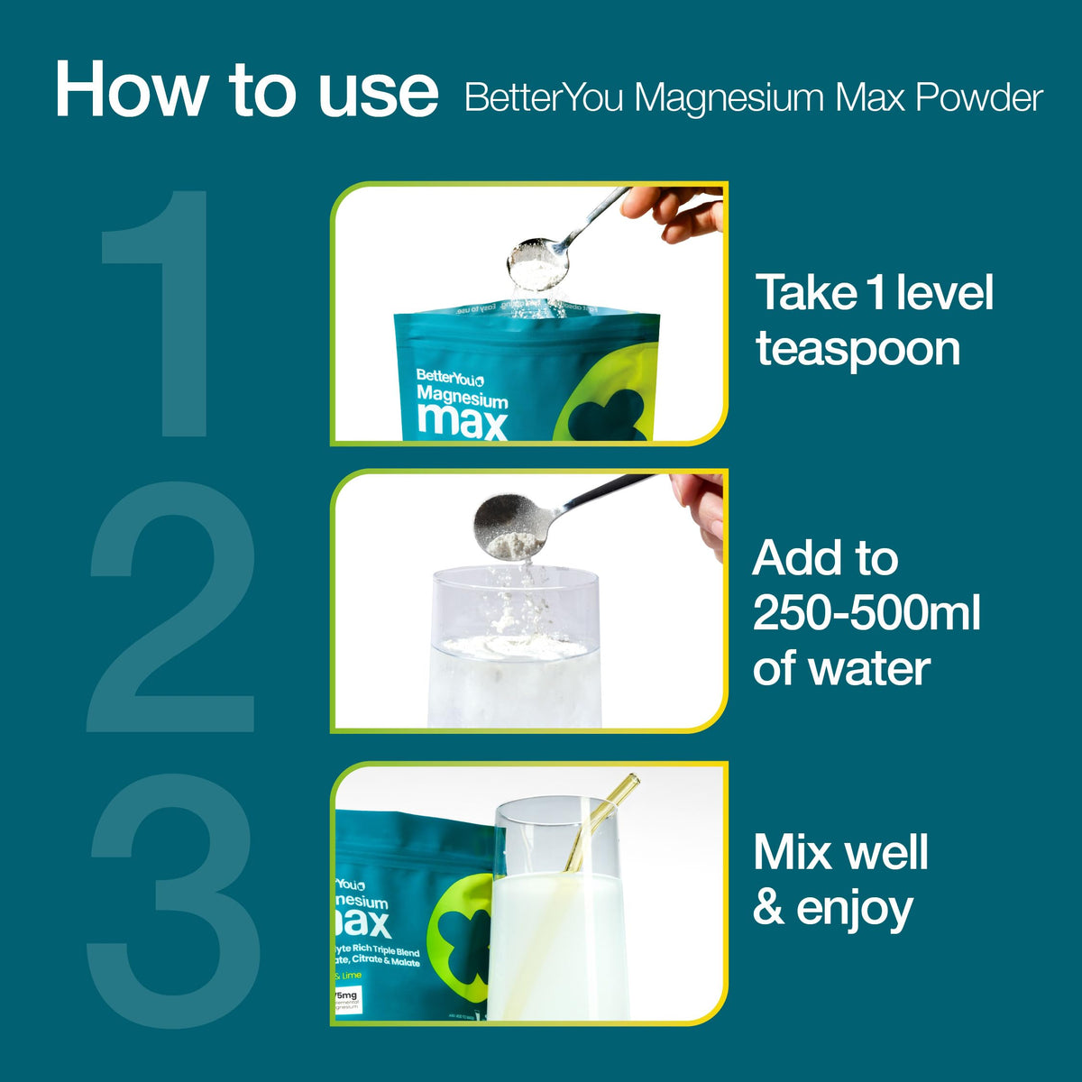 BetterYou Magnesium Glycinate 3-in-1 Complex Powder - Lemon & Lime Flavour - 30 Servings - New - BBE 04/2028