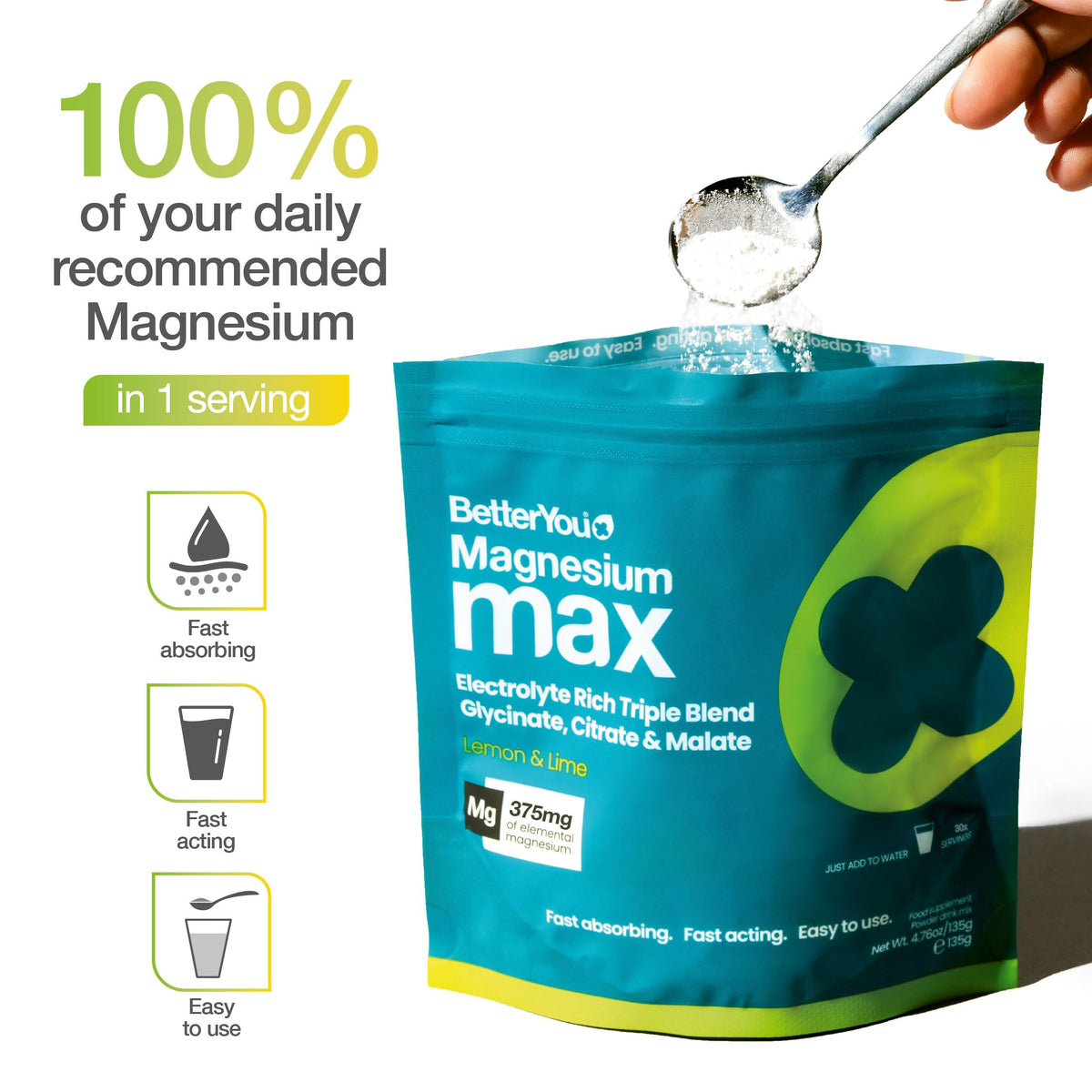 BetterYou Magnesium Glycinate 3-in-1 Complex Powder - Lemon & Lime Flavour - 30 Servings - New - BBE 04/2028