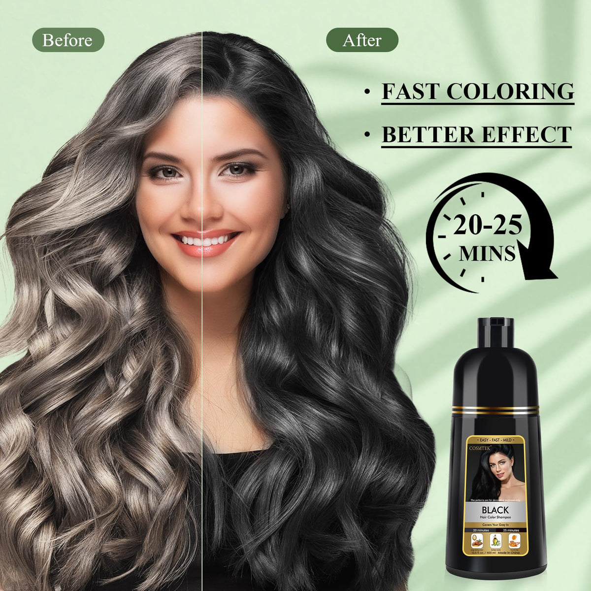 Black Hair Dye Shampoo 3-in-1 Permanent Hair Colour for Men & Women 400ml - Herbal Grey Hair Coverage - New - BBE 04/2029