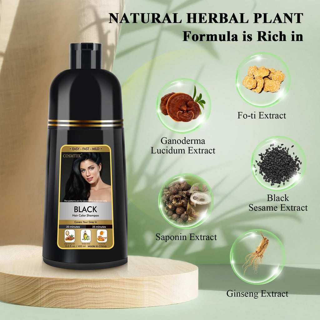 Black Hair Dye Shampoo 3-in-1 Permanent Hair Colour for Men & Women 400ml - Herbal Grey Hair Coverage - New - BBE 04/2029