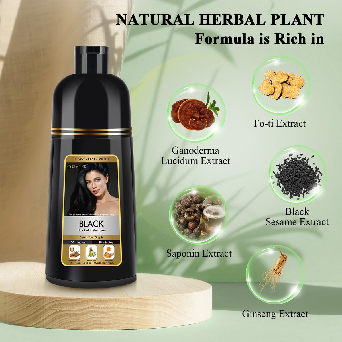 Black Hair Dye Shampoo 3-in-1 Permanent Hair Colour for Men & Women 400ml - Herbal Grey Hair Coverage - New - BBE 04/2029