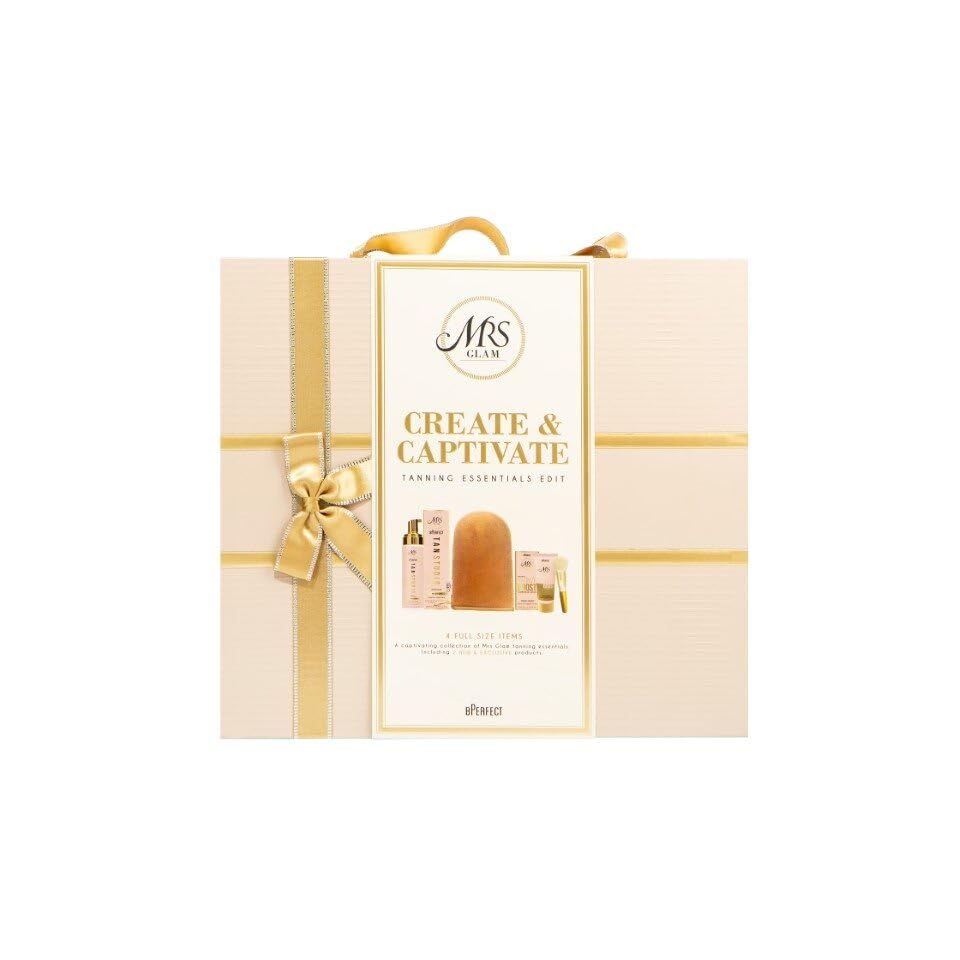 BPerfect x Mrs Glam Create & Captivate Tan Edit 4 Piece Gift Set - Dark+ Tanning Mousse, Bronze Boost Gel Drops, Brush & Velvet Mitt - Damaged Box