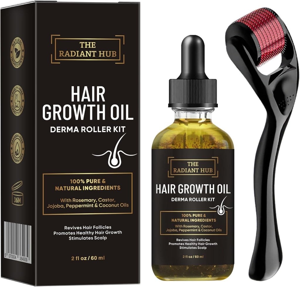 Rosemary Oil for Hair Growth and Derma Roller Kit 60ml - Castor Jojoba Peppermint Coconut Scalp Treatment for Men and Women - Damaged Box