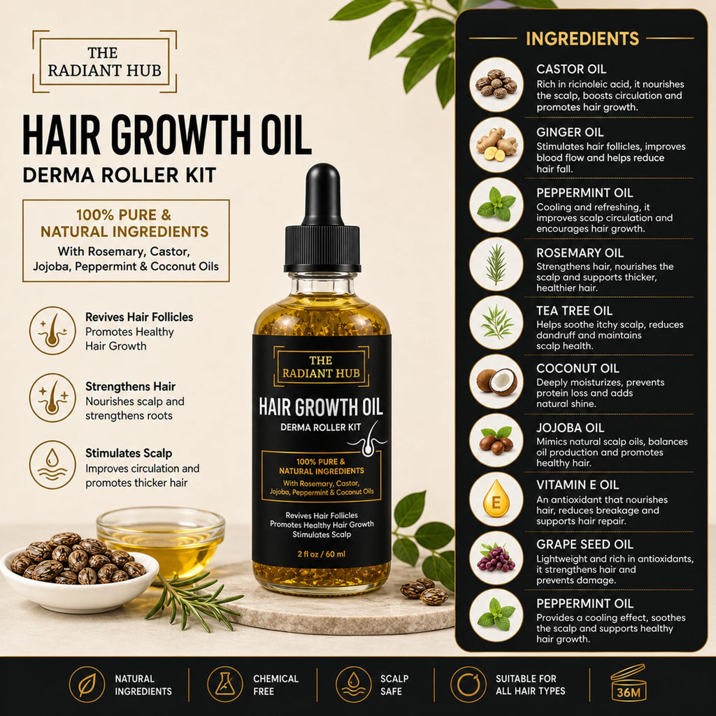 Rosemary Oil for Hair Growth and Derma Roller Kit 60ml - Castor Jojoba Peppermint Coconut Scalp Treatment for Men and Women - Damaged Box