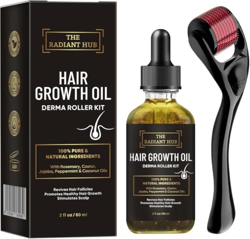Rosemary Oil for Hair Growth and Derma Roller Kit 60ml - Castor Jojoba Peppermint Coconut Scalp Treatment for Men and Women - Damaged Box