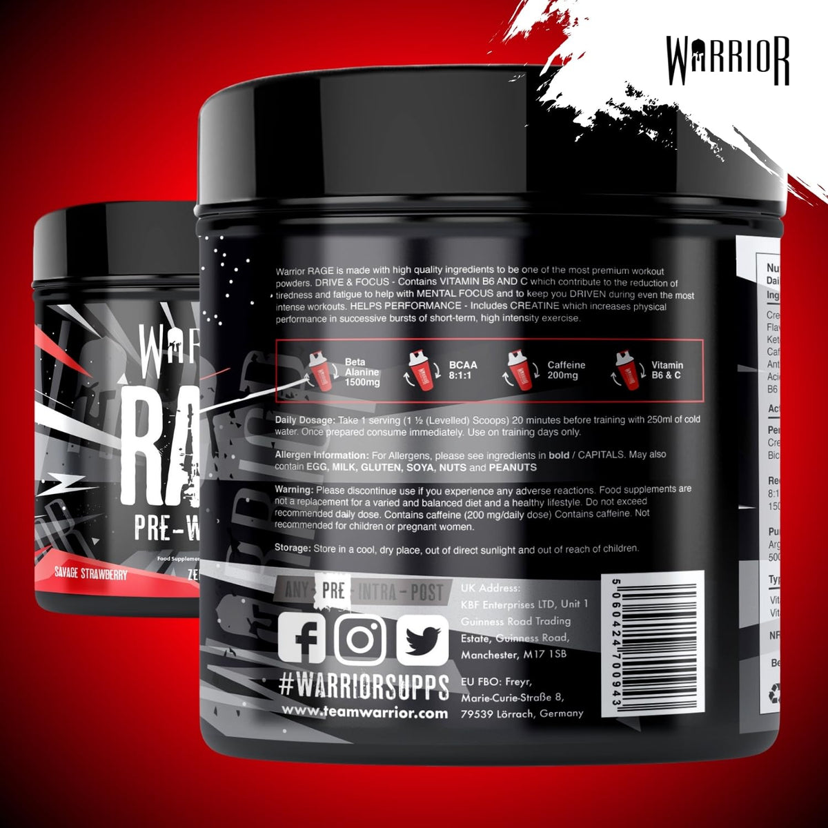 Warrior Rage Pre-Workout Powder 392g - Savage Strawberry - High Strength Energy Supplement - New - BBE 06/2029