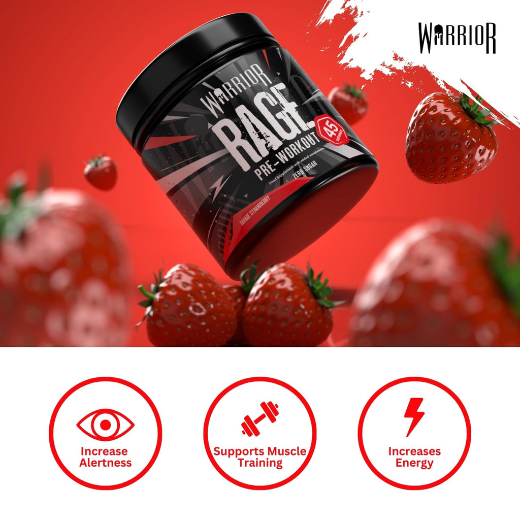 Warrior Rage Pre-Workout Powder 392g - Savage Strawberry - High Strength Energy Supplement - New - BBE 06/2029
