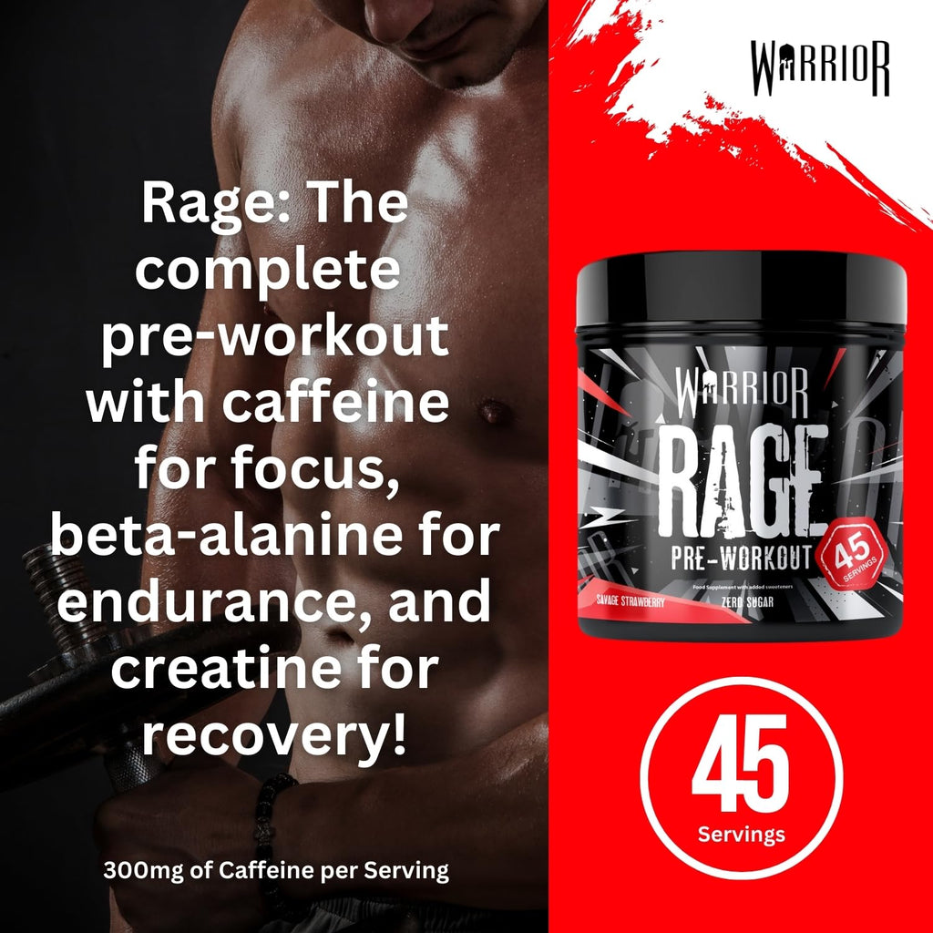 Warrior Rage Pre-Workout Powder 392g - Savage Strawberry - High Strength Energy Supplement - New - BBE 06/2029