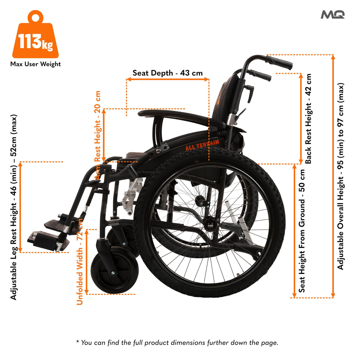 MobiQuip All Terrain Self-Propelled Wheelchair - Lightweight 12.5kg, 18 Inch Seat - Black - Damaged Box