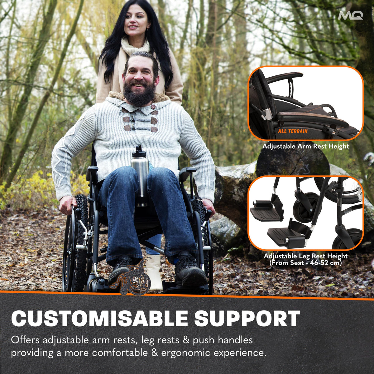MobiQuip All Terrain Self-Propelled Wheelchair - Lightweight 12.5kg, 18 Inch Seat - Black - Damaged Box