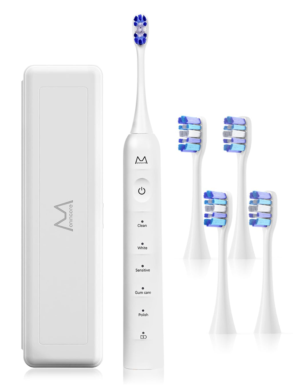 Marlincare Sonic Electric Toothbrush for Adults with Travel Case, 4 Brush Heads, 5 Cleaning Modes, USB-C Rechargeable - White - Damaged Box