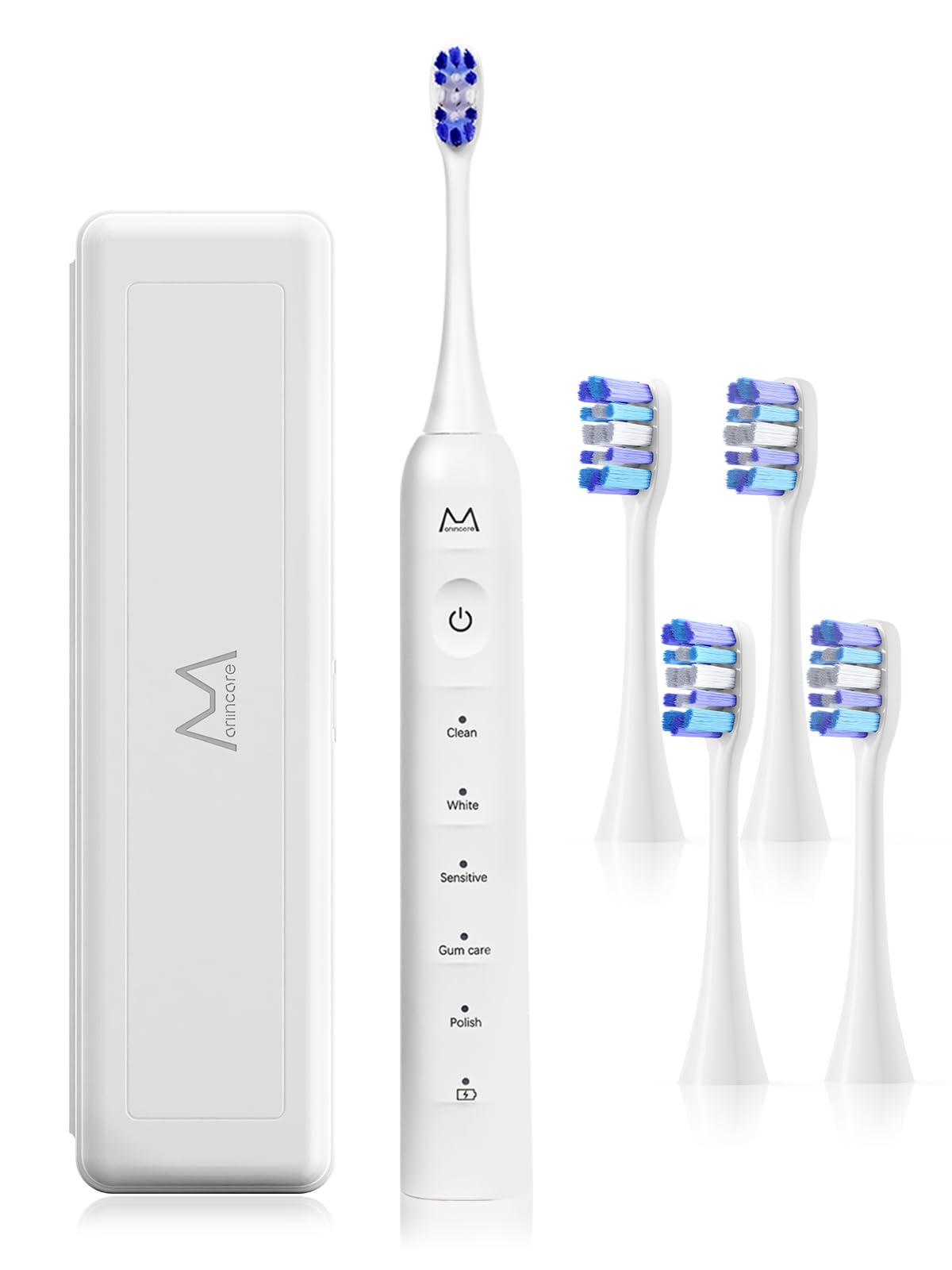 Marlincare Sonic Electric Toothbrush for Adults with Travel Case, 4 Brush Heads, 5 Cleaning Modes, USB-C Rechargeable - White - Damaged Box