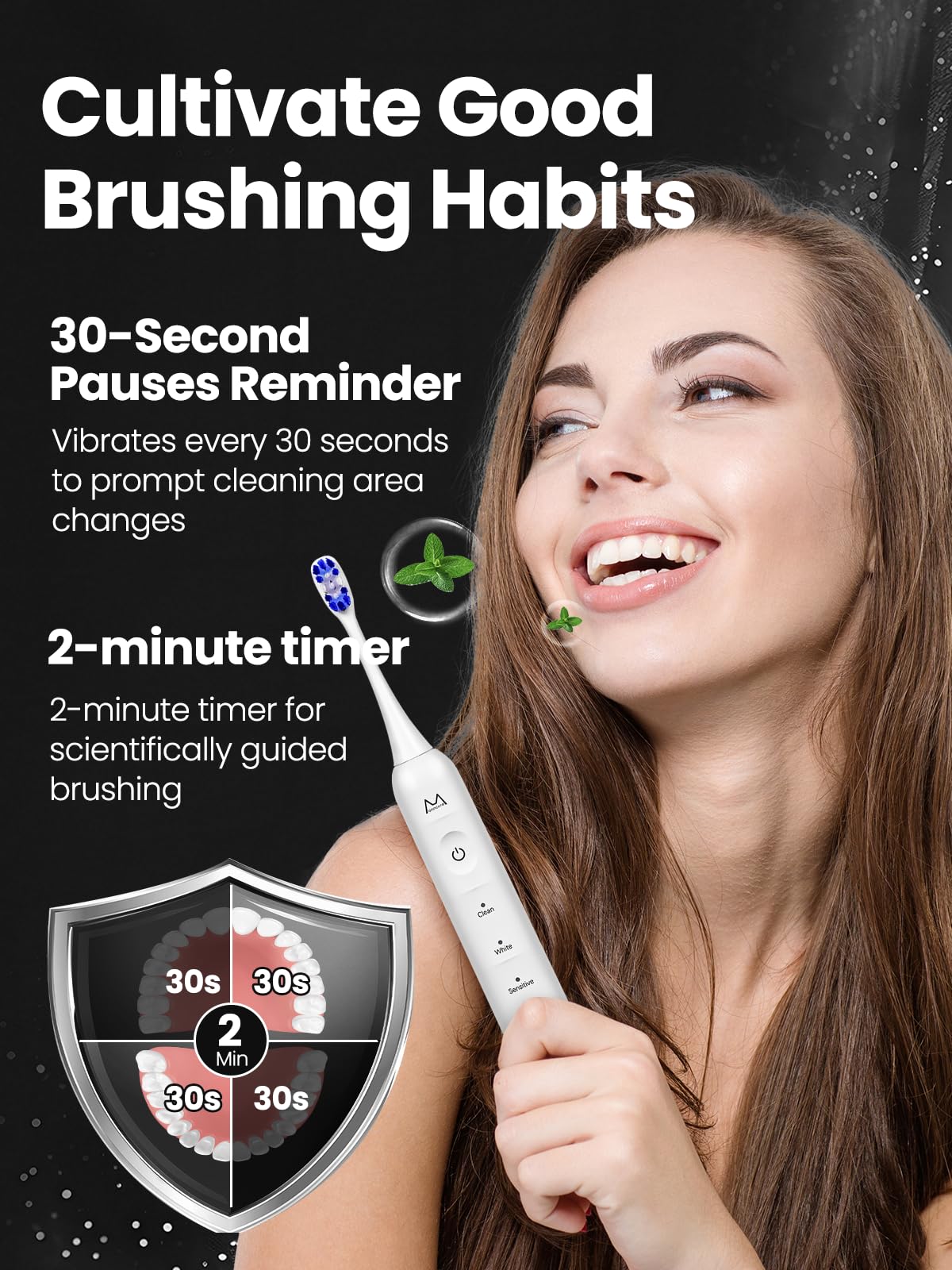 Marlincare Sonic Electric Toothbrush for Adults with Travel Case, 4 Brush Heads, 5 Cleaning Modes, USB-C Rechargeable - White - Damaged Box