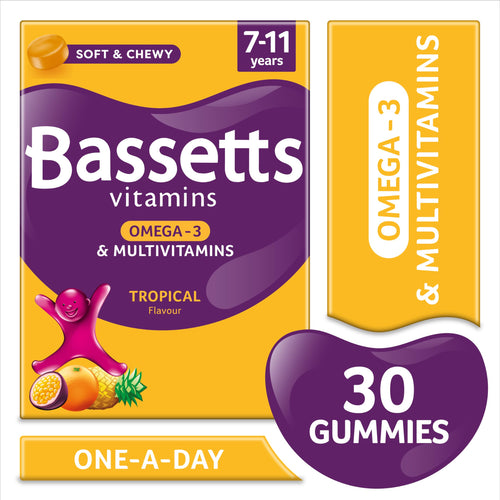 Bassetts Vitamins 7-11 Years Kids Omega 3 Multivitamins Tropical Flavour 30 Gummies - New - BBE 12/2026