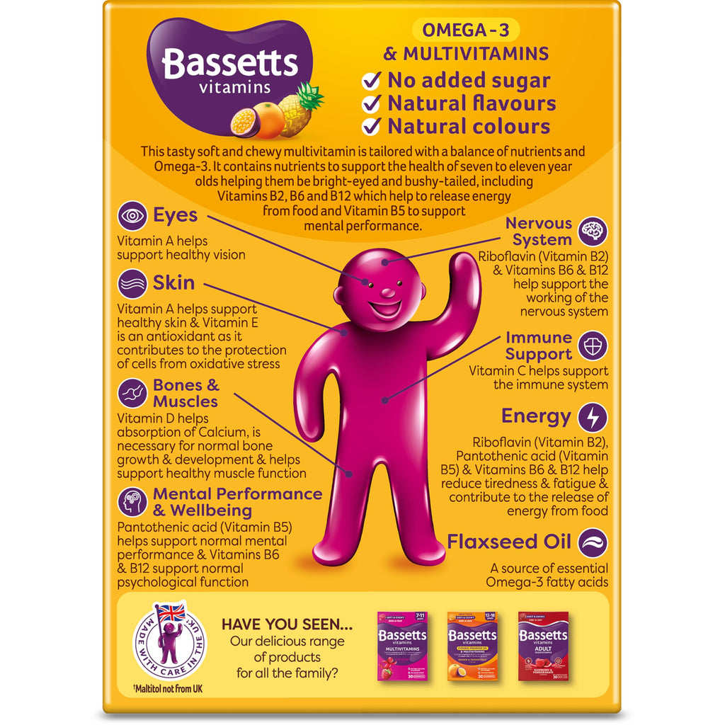 Bassetts Vitamins 7-11 Years Kids Omega 3 Multivitamins Tropical Flavour 30 Gummies - New - BBE 12/2026