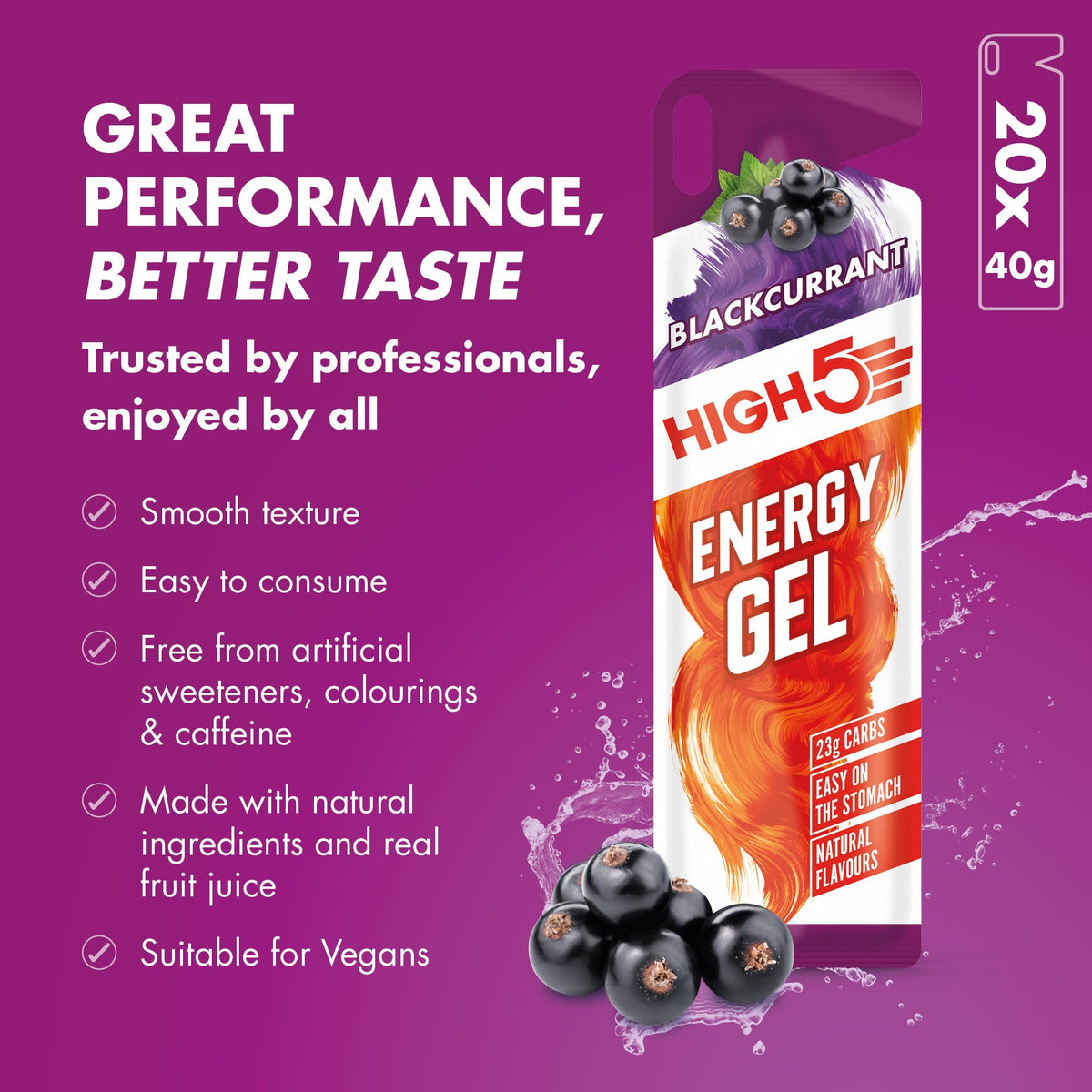 HIGH5 Energy Gels - Running and Endurance Sports Fuel - Blackcurrant - 20 x 40g Pack - Damaged Box - BBE 06/2027