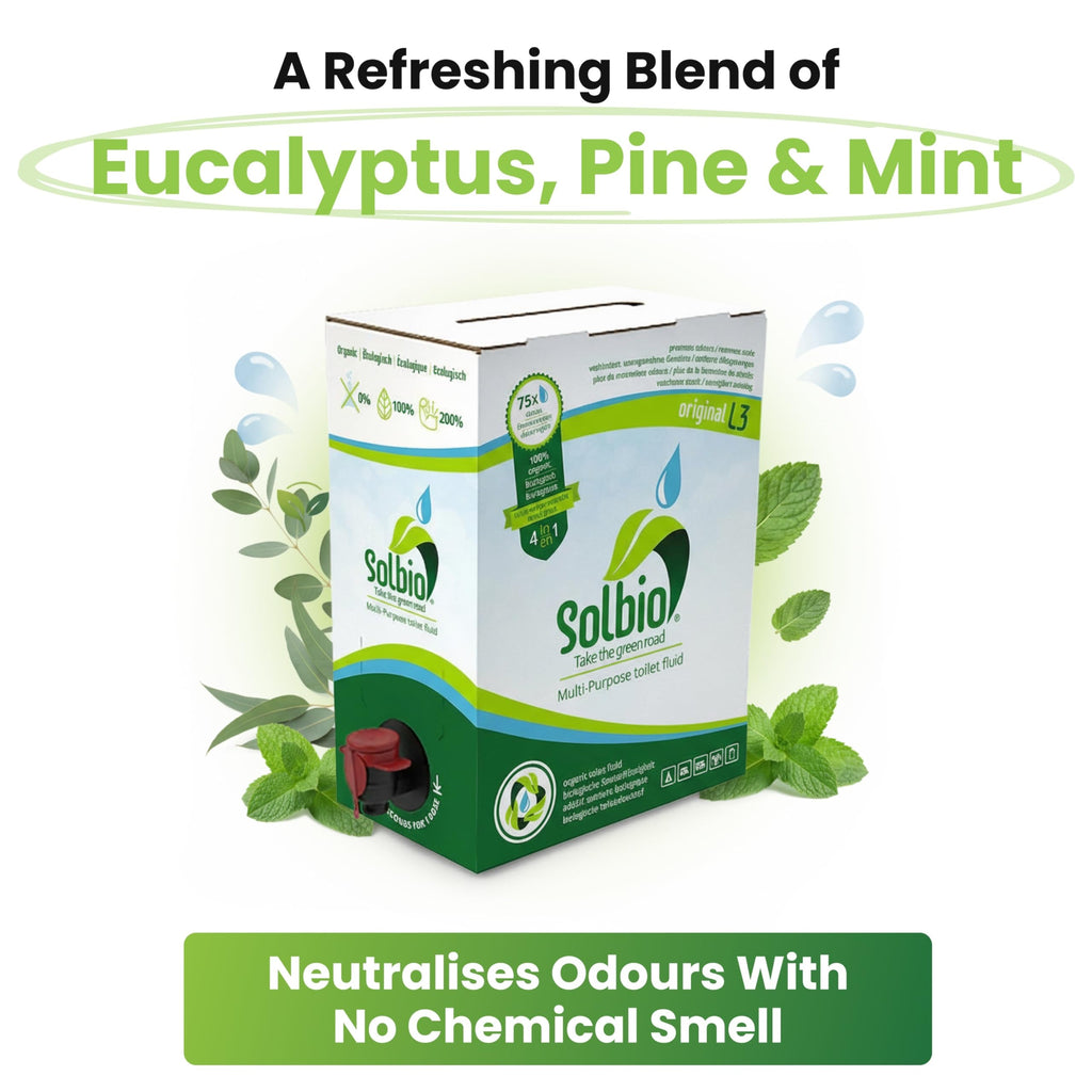 Solbio Organic Caravan & Motorhome Toilet Treatment Fluid XXL 3L - Eucalyptus Scent - 375ml Pack of 8 - Damaged Box