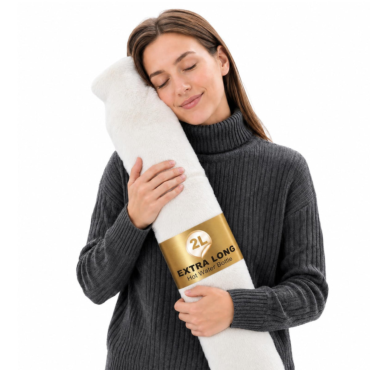 Iyxeo Extra Long Hot Water Bottle with Soft Plush Cover - 75x13cm Neck and Back Pain Relief with Hand Pockets - Beige - Damaged Box