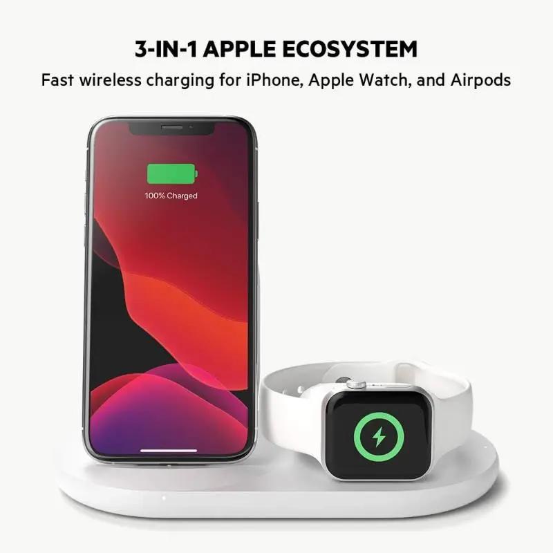 Belkin 3-In-1 Wireless Charging Dock 7.5W For iPhone Apple Watch Airpods - White - New Belkin