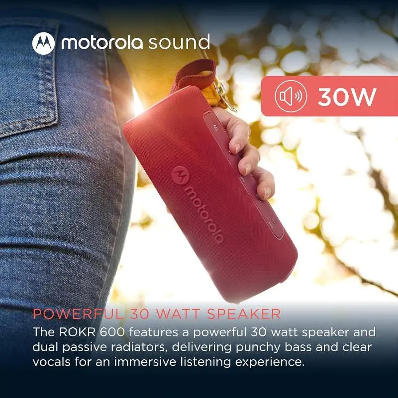 Motorola ROKR 600 Bluetooth Speaker: 30W Sound, Water Resistant, 6H Play, Red - New Motorola