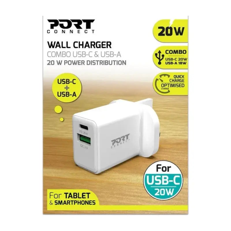 Port Connect Combo 20W Wall Charger USB-C & USB-A Fast Charging Adapter - New Port Connect