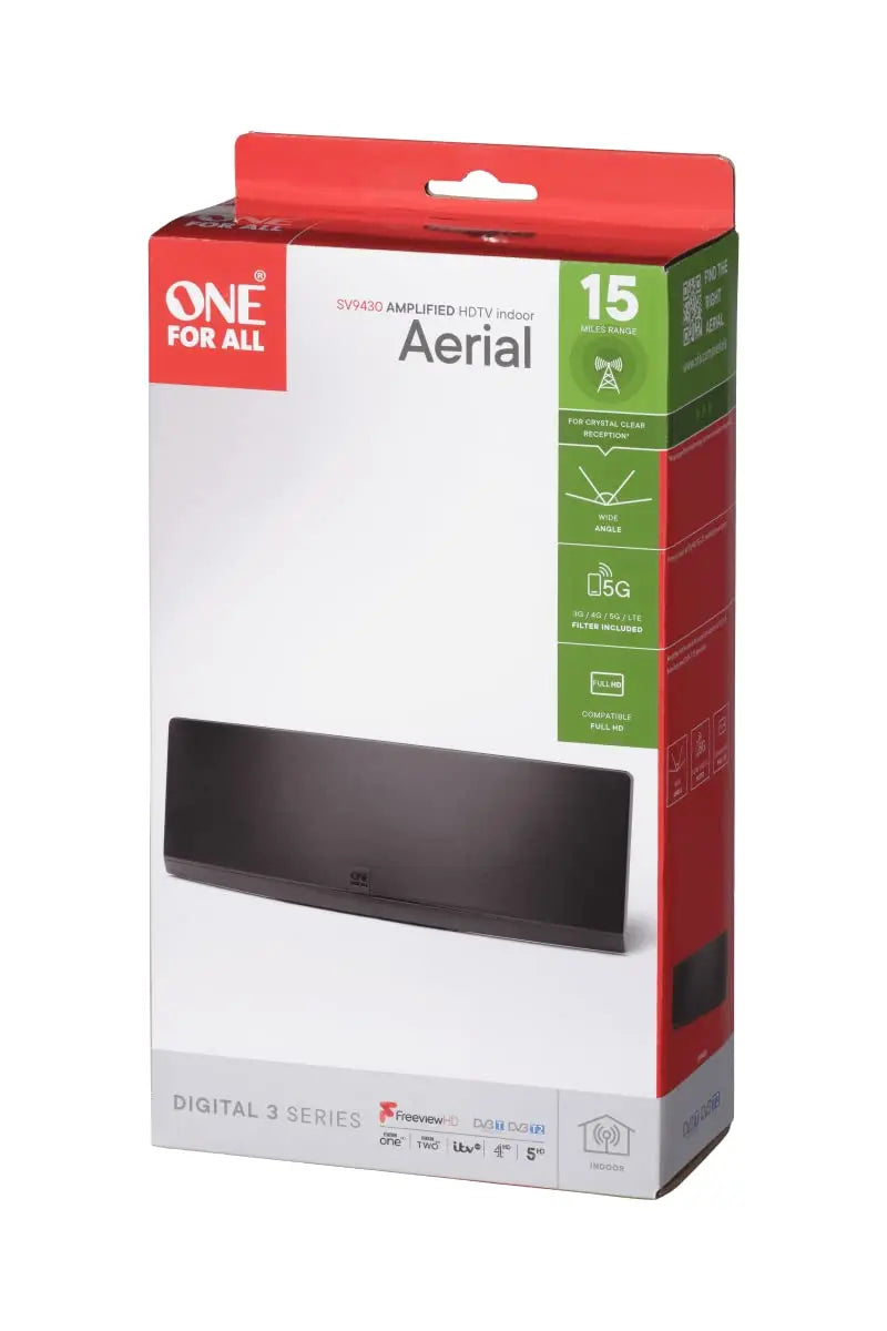 One For All Amplified Indoor Digital TV Aerial, Ready to receive Freeview and Analogue TV Signals within a range of 15 miles, Curved HDTV Antenna – UHF/VHF - Black - SV9430 - The Outlet Shop