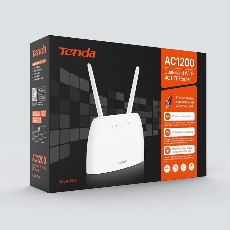 Tenda 4G07 4G LTE WiFi Router for SIM Cards (AC1200 Dual Band 2.4GHz: 300Mbps + 5GHz: 867Mbps, Gigabit LAN/WAN Port), 150Mbps in Download, Cat4, Beamforming+ Technology, Anti-Auy Removable attachment. antenna - The Outlet Shop
